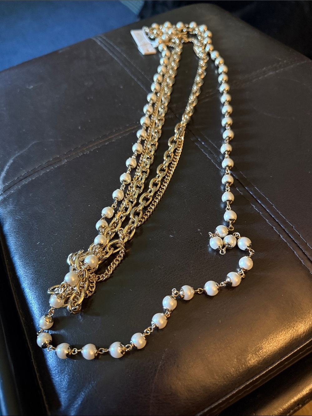 Ann Taylor Gold Tone Multi-Chain Necklace with White Pearls